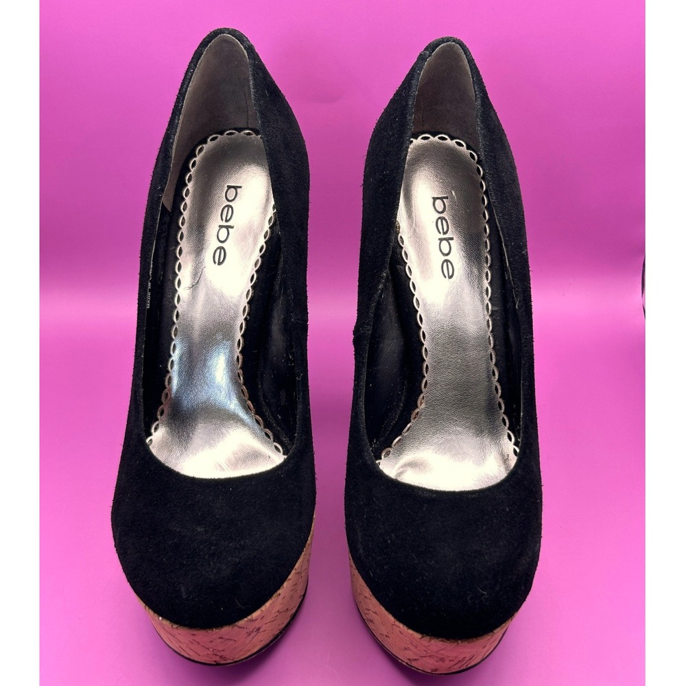 Bebe Y2K Womens Black Suede Cork Platform Pumps Metallic Accents Size 7M
